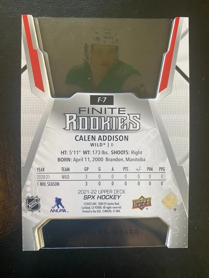Calen Addison 2021-22 Insert Finite Rookies SPX Gold #F-7 Minnesota Wild - Image 2 of 2