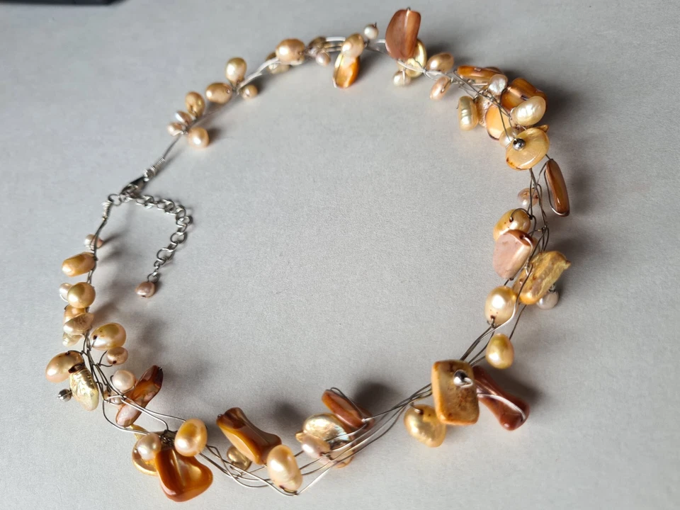 Perlmutt Zuchtperlen Kette Collier geflochten mehrsträngig beige braun 7158 - Bild 4 von 4