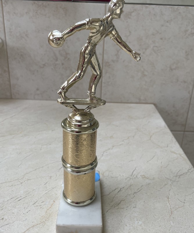 VINTAGE BOWLING TROPHY/ Features Person Bowling / 9.5” Tall x 4” x 2”