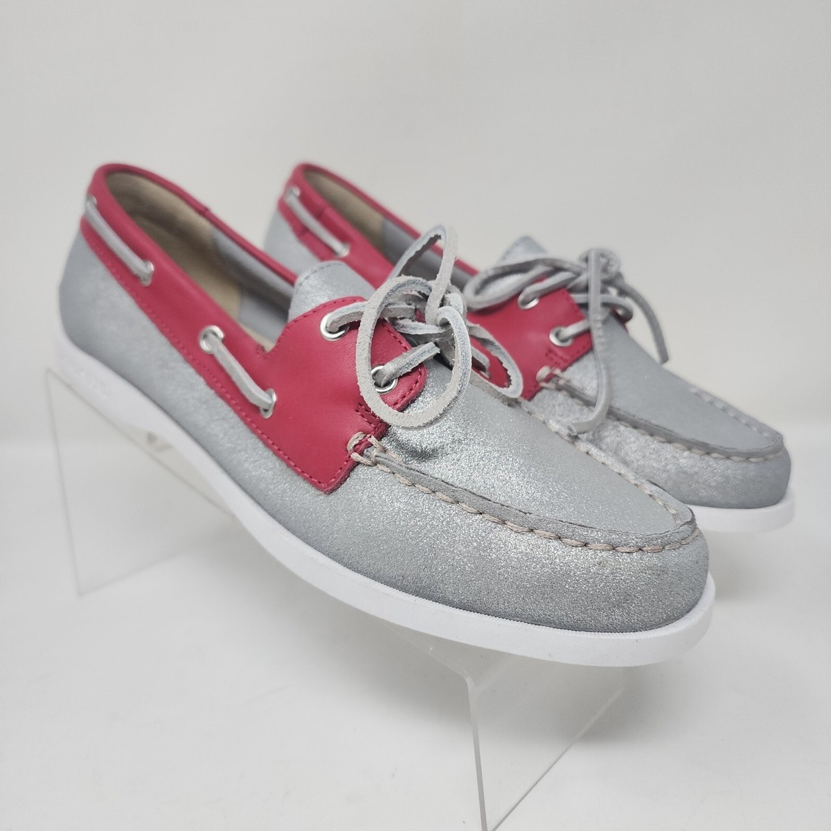 Lands End Boat Shoes Womens Silver Red Shinny Glitter Lace Up