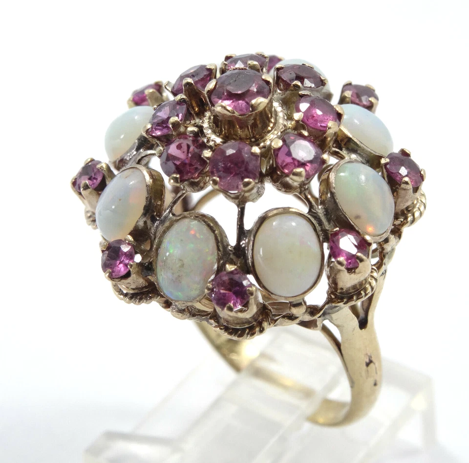 SOLID 14K GOLD 1.6TCW RUBY & 2TCW OPAL CLUSTER BALLERINA COCKTAIL RING sz 7.25 - Image 3 of 4