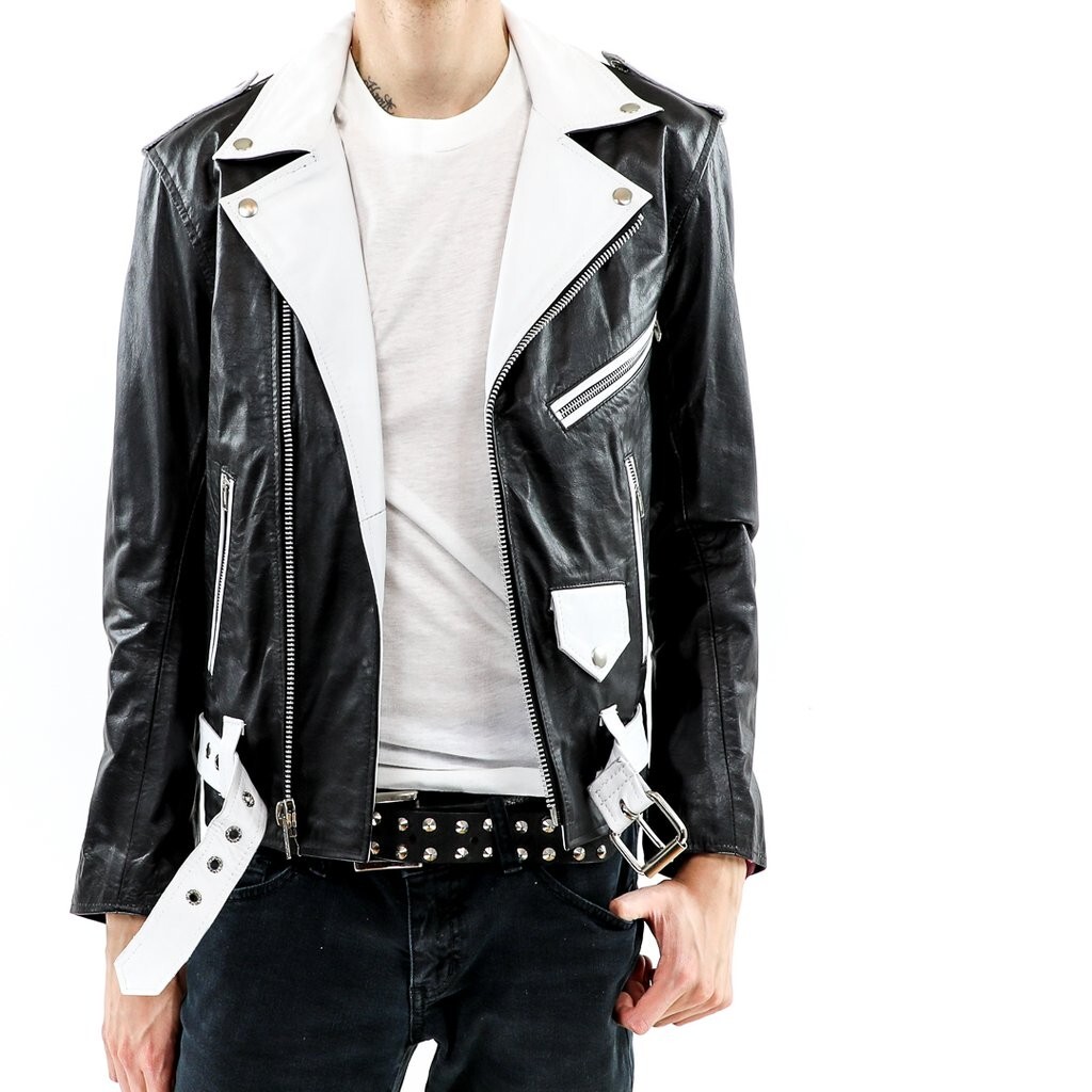 Real Men Black Biker Leather Jacket with Zipper and Pockets MMJ1c