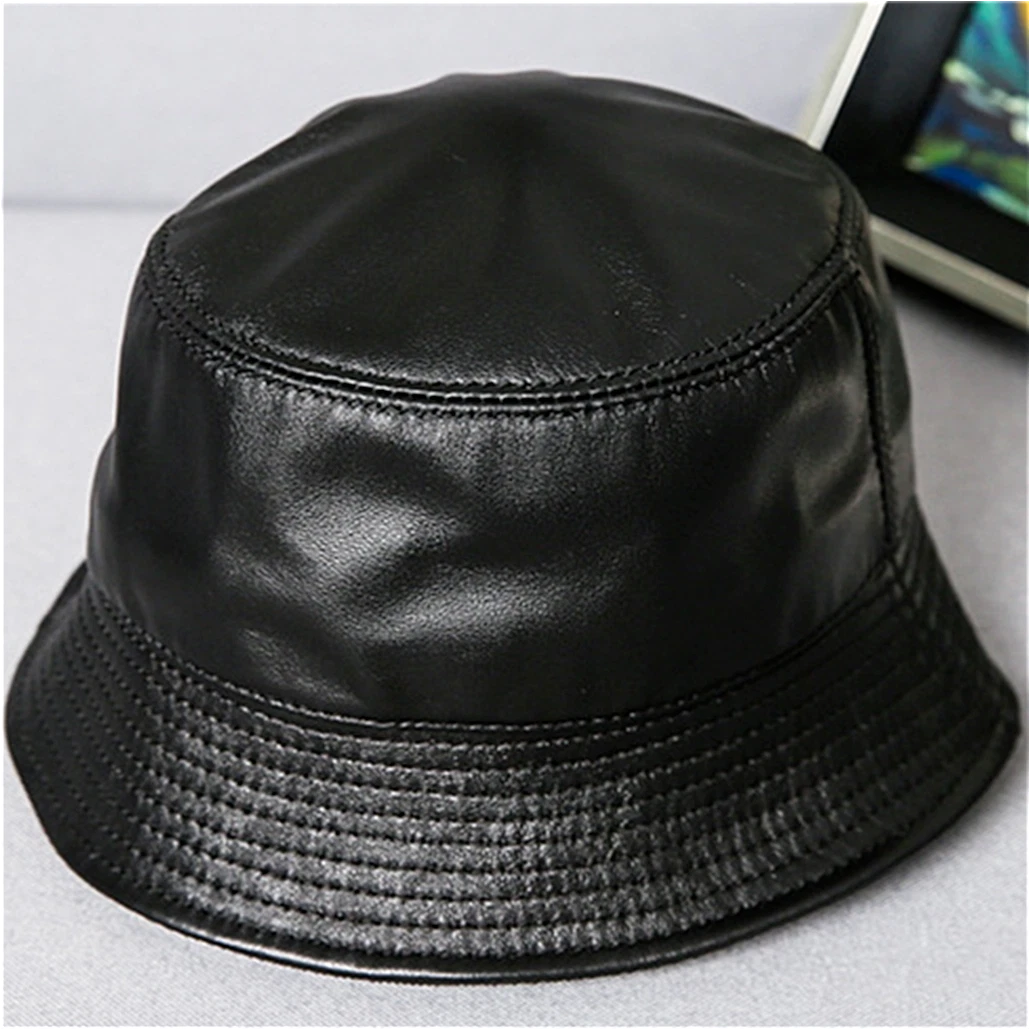 Fashion Men Women Genuine Leather Bucket Hat Sheepskin Black Fisherman Cap