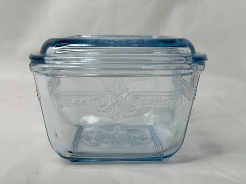 Fire King Vintage Glass Refrigerator Dish With Lid Clear/Blue Philbe 5" MCM (2) - Picture 5 of 11