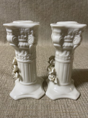 Set Of 2 Vintage Fine Porcelain Candle Holders Candlesticks 3D Flowers - Picture 4 of 8