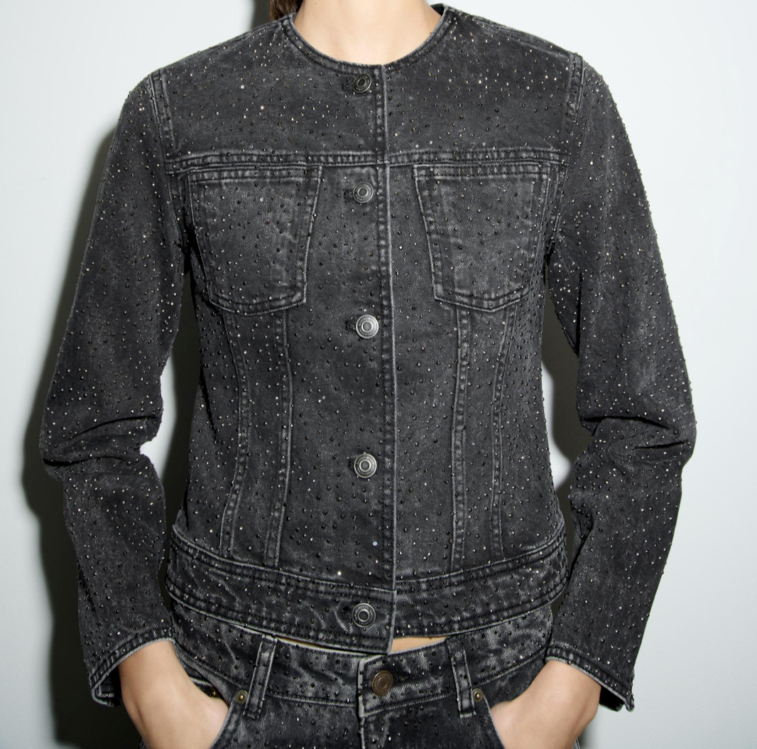 Zara Sequinned Denim Jacket ZW Collection Grey Rhinestone XS S M