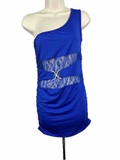 Women Size 8 Blue Satin One Shoulder Strip Mini Dress Club And Party Wear