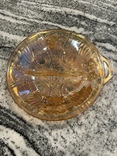 Vintage Iridescent Amber Carnival Glass Divided Double Sided Snack Candy Dish