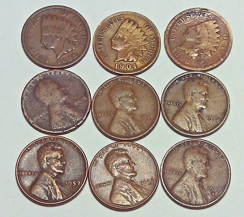pennys, 3 indianhead, 6 old wheat all circulated good shape dates listed below