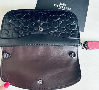 NEW COACH FLORAL BOW PRINT BLACK/PINK SIGNATURE LEATHER CLUTCH