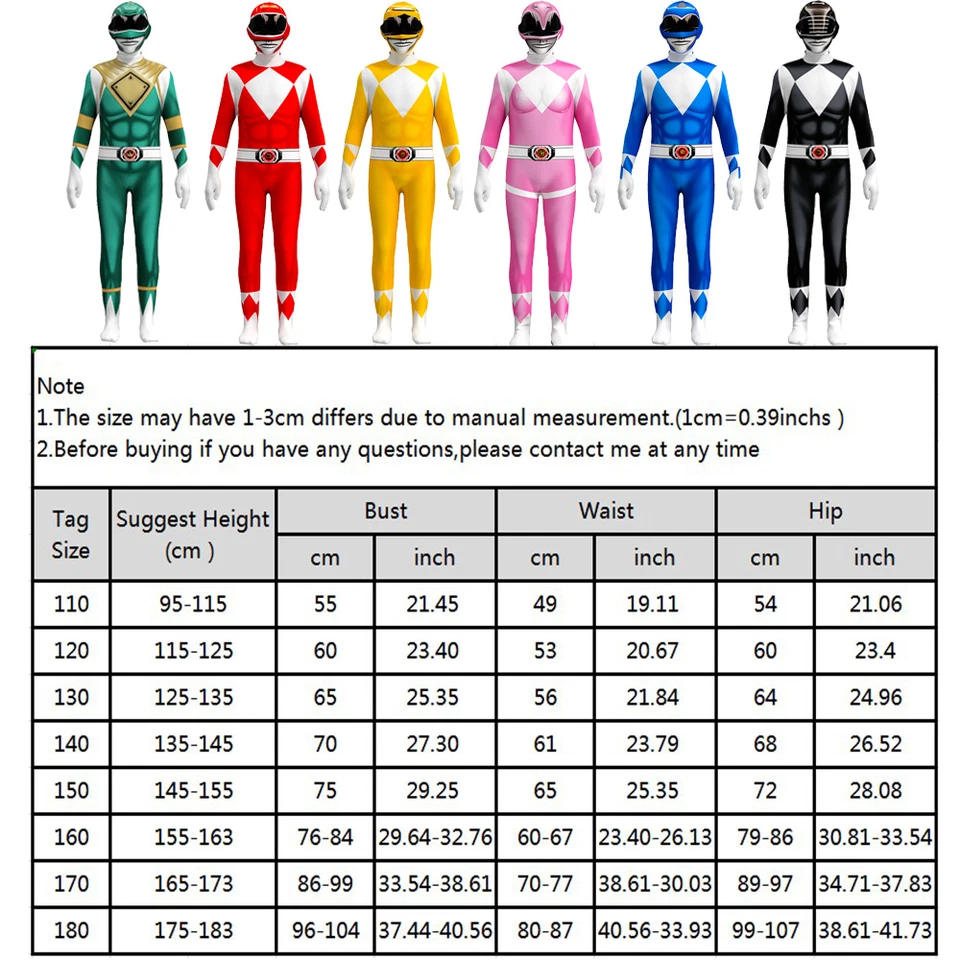 Power Ranger Adults/Kids Jumpsuit Cosplay Party Costume Halloween Birthday Gifts - Image 2 of 4