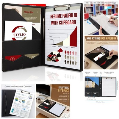 Stylish Black Padfolio with Integrated Clipboard & Refillable Writing Notepad