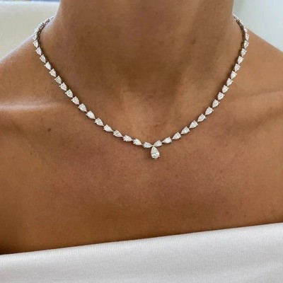 20 TCW Pear Lab Created Diamond 14K White Gold Finish Women Tennis Necklace 18''