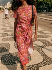New Sezane x Farm Rio Pink Floral Bela Midi Pippa Dress Organic Cotton Sz S