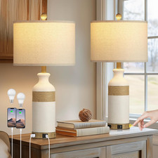 Boho Rattan Table Lamps for Bedroom Nightstand 26" Farmhouse Bedside Lamp Set of