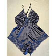 Romantic Satin Lace Romper Teddy Womens Large Navy Blue V-Neck Adjustable Strap