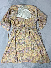 H&M Floral Print Dress Women’s M Beige Yellow Cottagecore Drawstring A-Line VGC