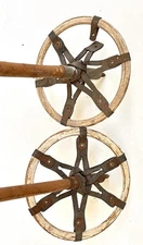 Pair Antique 50” Ski Poles 7.25” Large Baskets Leather  Straps Bamboo Shaft