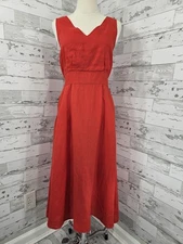 Cynthia Rowley Sleeveless V Neck A Line Red Linen Midi dress Pockets Womens 10