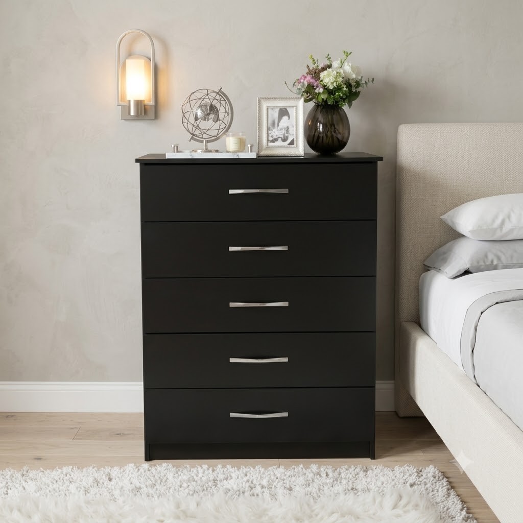 Ready Assembled Black Chest Of 5 Drawers Cabinet Drawers Bedroom Furniture UK