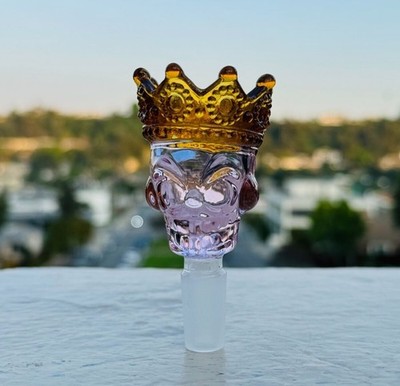 Premium 14mm Thick Glass Pink King Skull  in Crown Bowl Head for Bong Repalcment