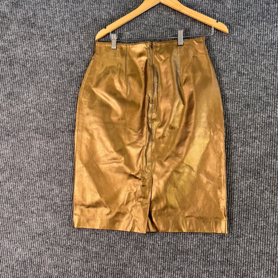 Falda lápiz vintage de cuero metálico dorado Tibor para mujer 12 cintura alta glamour Foto 2 de 4
