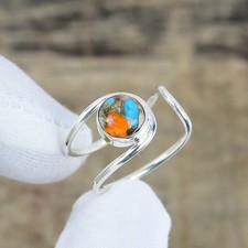 Natural Orange Spiny Oyster Gemstone Adjustable Ring 925 Sterling Silver Jewelry