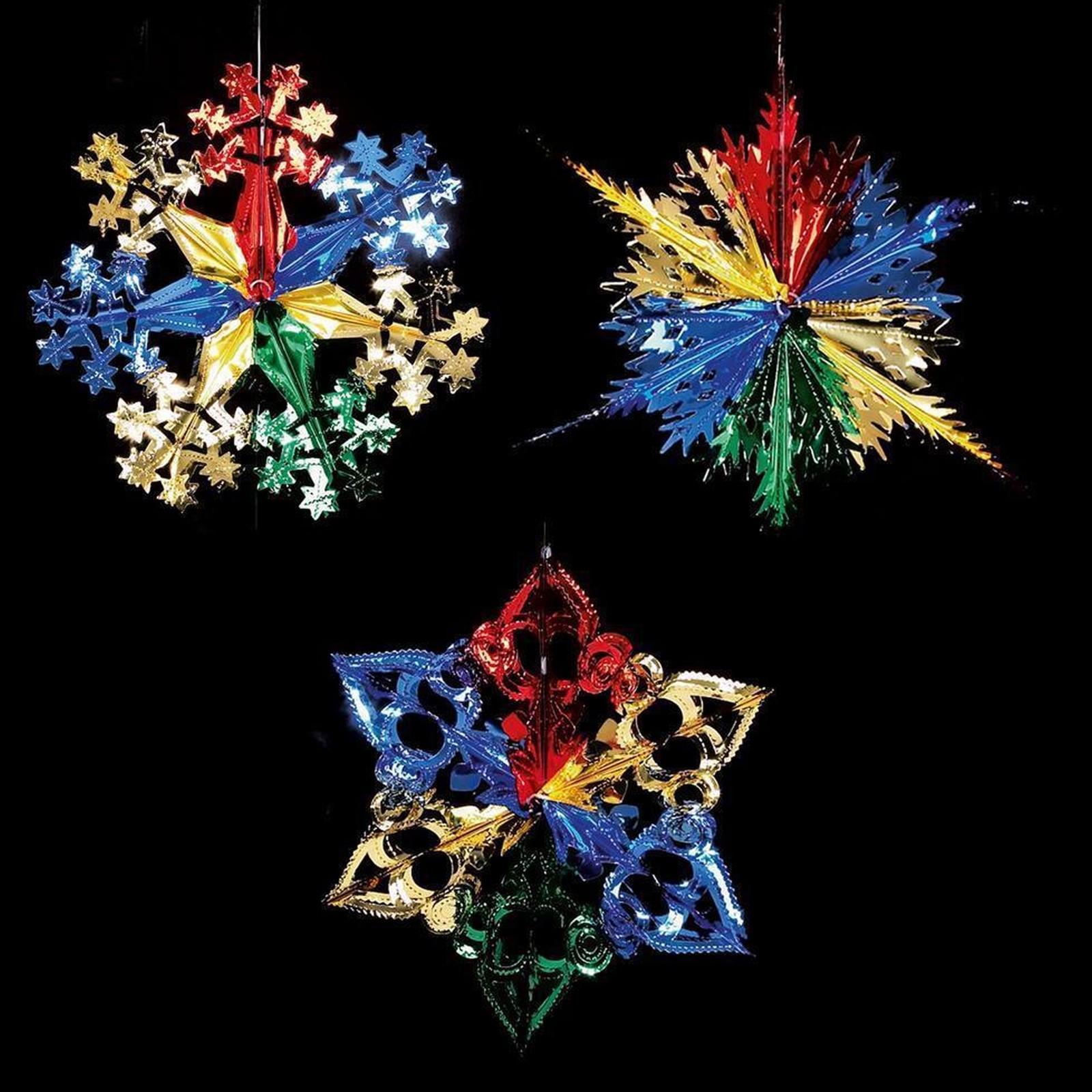3 Foil Star Christmas Decorations Ceiling Hanging Festive Stars Multicolour 40cm