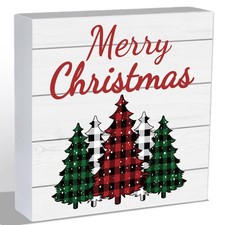Christmas Table Decorations Indoor Home Room Buffalo Plaid Tree Wood Box Sign