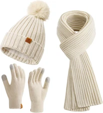 Womens Long Scarf Gloves and Hat Set Cold Weather Hat Scarf Glove Set for Women