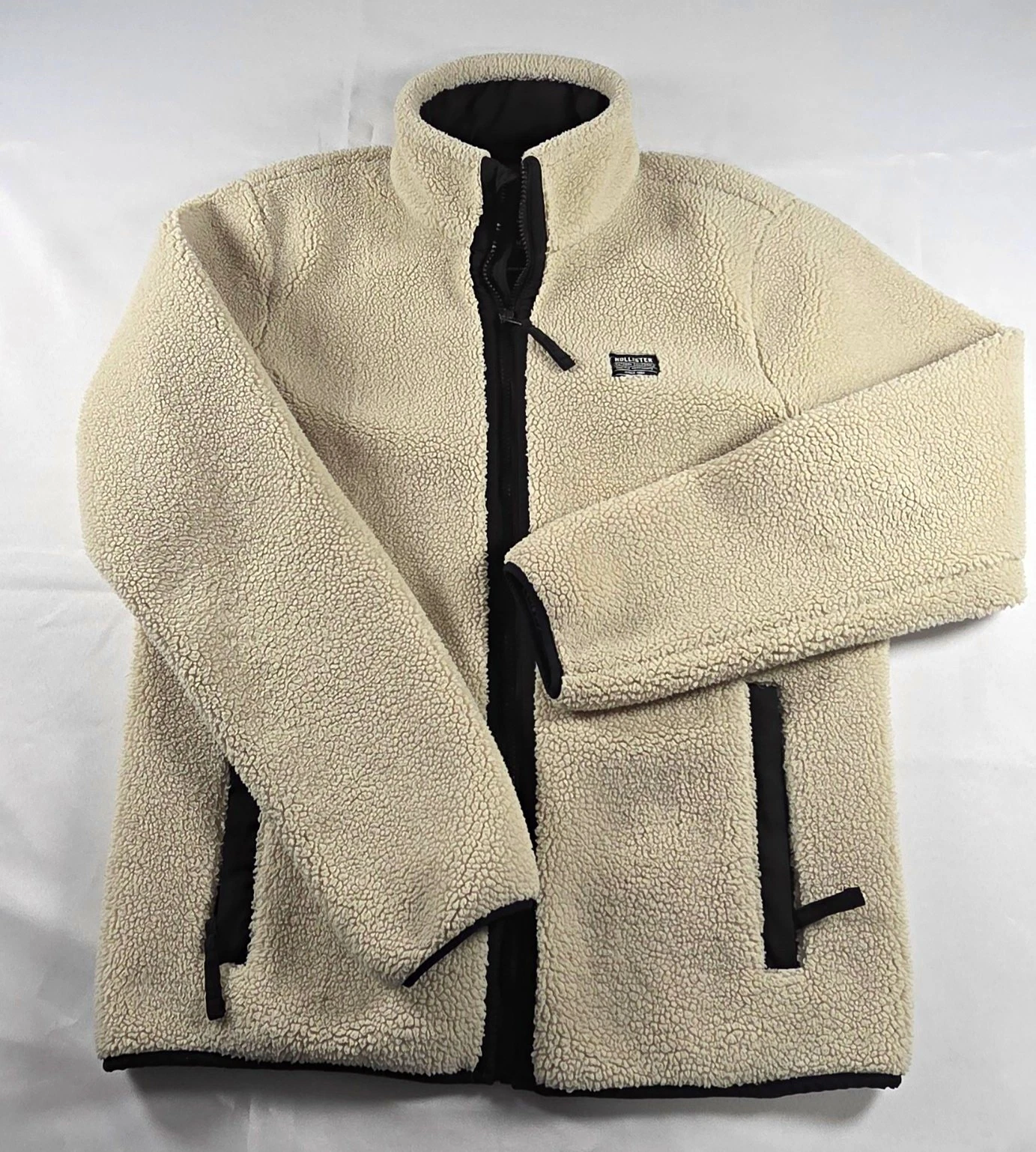 Hollister Epic Flex Men M Cream Sherpa Fleece FullZip Jacket Off White Pile Coat - product detail image 1