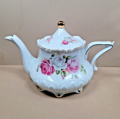 Vintage THT Designs Porcelain Teapot Pink Rose Floral Gold Trim Victorian Style