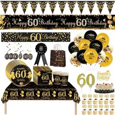 60th Birthday Decorations Black gold Age 60 Banner Tablecloth Party balloon