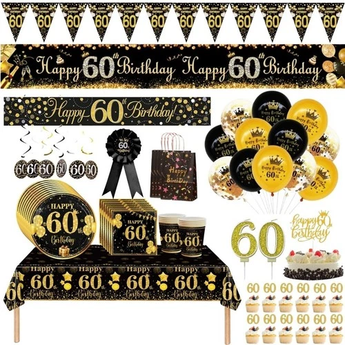 60th Birthday Decorations Black gold Age 60 Banner Tablecloth Party balloon