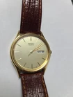 Seiko Watch Men 33mm Gold Tone Day Date 5Y23-8039 R1 LEATHER New Battery