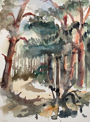 Aquarell Impressionist Alfred Behle Bäume am Wald im Licht 24 x 32 cm