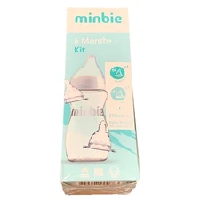 MINBIE 9oz BABY BOTTLE KIT W/TWO 6+ MONTH BREAST LIKE SILICONE TEET NIPPLES New