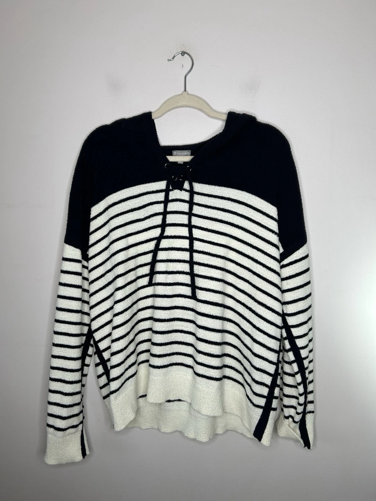 T by Talbots Long Sleeve Cozy Hooded Pullover Blue White Striped Size XL