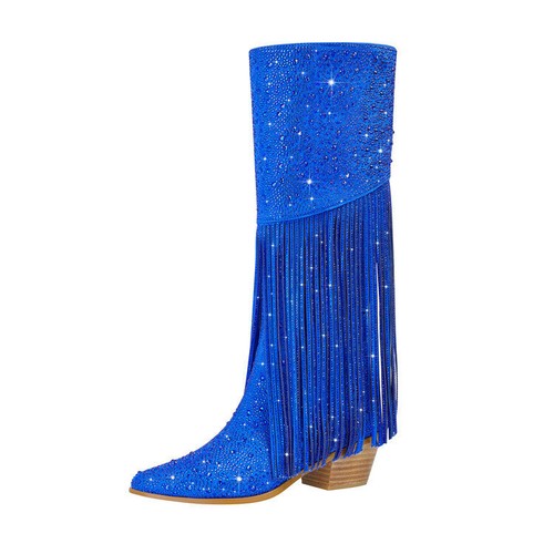 Womens Faux Leather Pull On Pointed Toe Mid Block Heels Tassels Knee High Boots - Picture 13 of 15