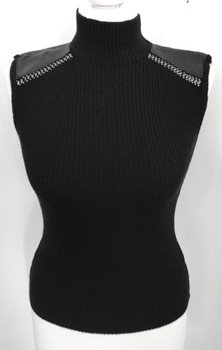 Claude Montana, CLAUDE MONTANA VINTAGE BLACK TOP SWEATER WOOL KNIT LEATHER/METAL SHOULDERS S