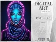 Woman, Vibrant Neon Lights, Glowing Lines, Digital AI Art, Wall, Poster, Print