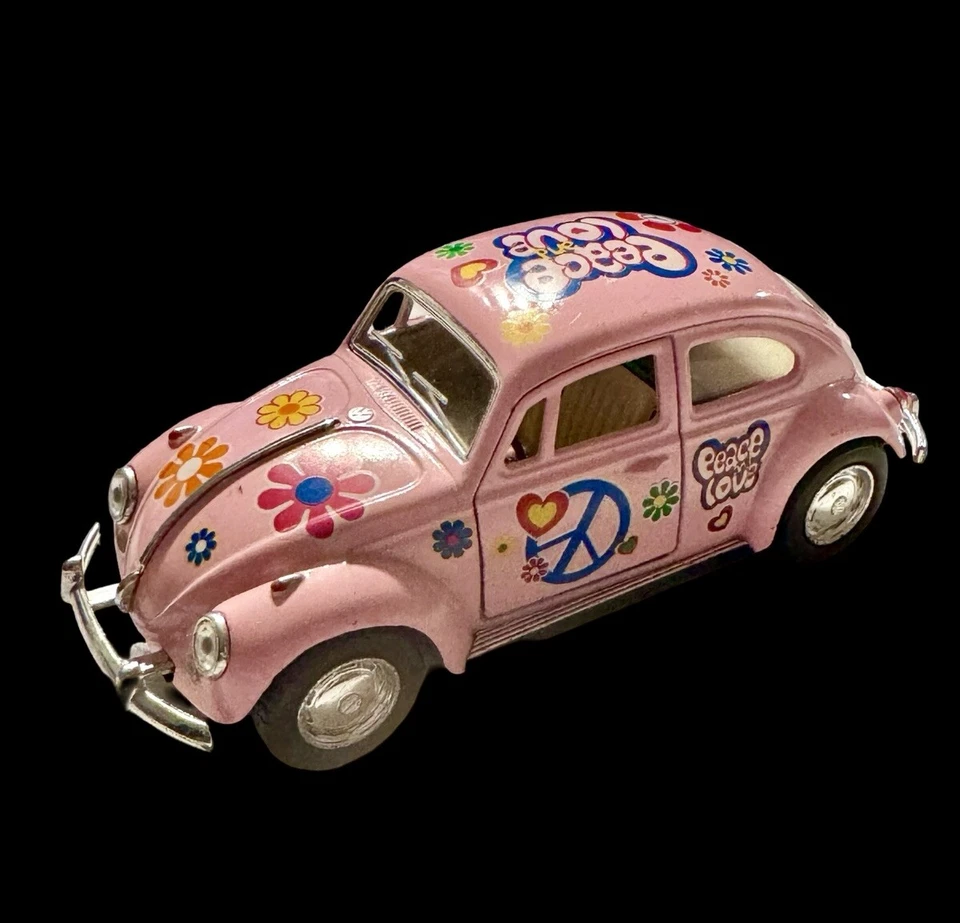 Volkswagen clásico Beetle Car 1967 modelo rosa Peace Love 1:64 Kinsmart Foto 2 de 4