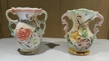 2 Vintage Decorative 3D Floral Double Handled Pitcher Vase Made In Brazil 5"