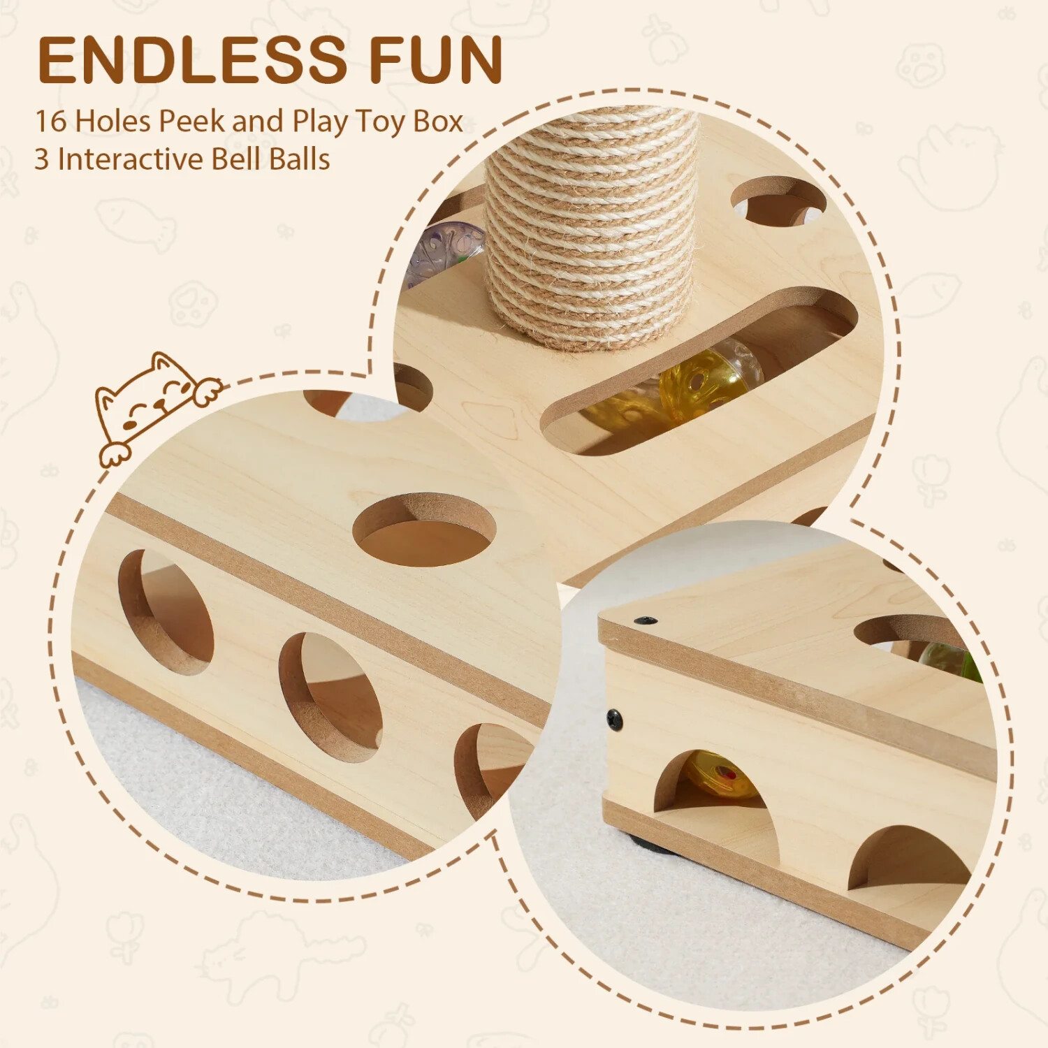 Mewoofun Sisal Cat Scratching Post Interactive Wooden Cat Toy Puzzle Box Cat Toy