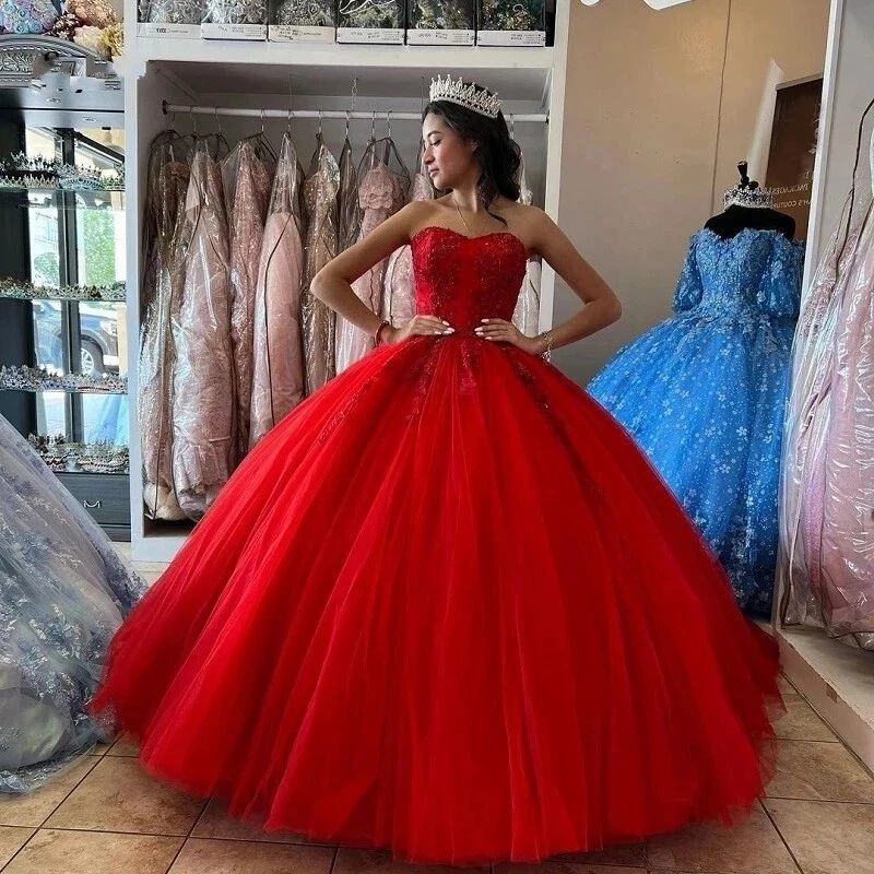 Red Quinceanera Dresses Ball Gown Sweetheart Tulle Appliques Beaded Puffy  Sweet 16 Dresses - AliExpress