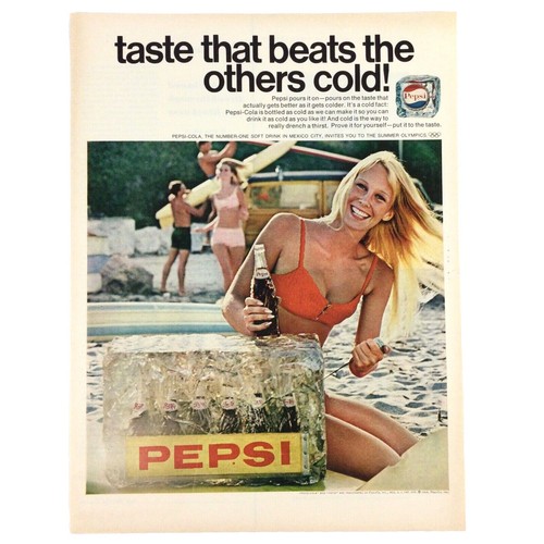 PEPSI 1969 PRINT AD Soda Soft Drink Ice Block Blond Girl Red