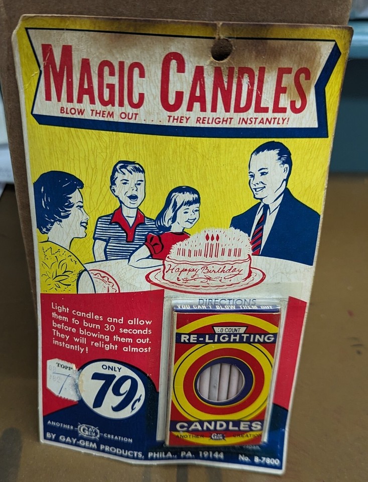 Deadstock 1950s–60s re-lighting magic candles in original Gay-Gem packaging — a genuinely old-school gag that still works and looks incredible on a shelf.