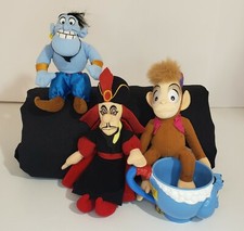 Lot of 3 Disney Store Plush Bean Bag Aladdin, Genie  Abu with Aladdin Cup