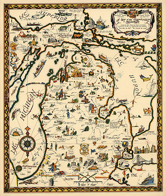 Map of the Commonwealth of Michigan Wall Art Poster Print Decor History Vintage
