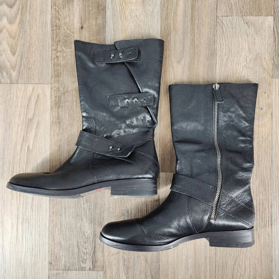 Botas altas Eileen Fisher de cuero negro con hebilla y cremallera para mujer talla 6 1/2 Foto 2 de 4